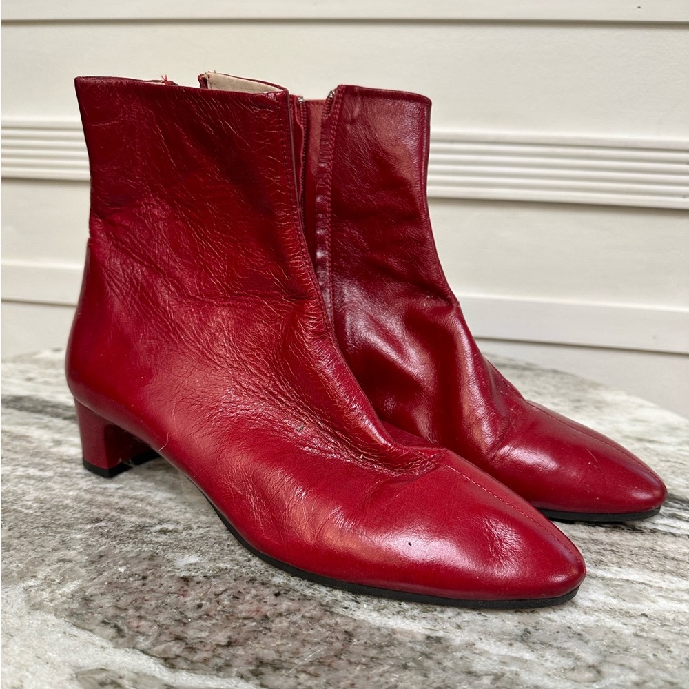 Red Patent Leather Low Block Heel Boots, ZARA